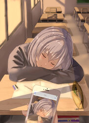  6mint absurdres alternate_costume cellphone cellphone_photo chair classroom closed_eyes commentary_request crossed_arms desk eraser female grey_hair highres hololive indoors light_blush long_sleeves mechanical_pencil medium_hair notebook parted_lips pencil pencil_case phone pov pov_hands school_desk school_uniform shirogane_noel sleeping virtual_youtuber wavy_hair 