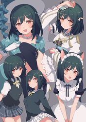  absurdres animal_ears aoi_canary_(love_live!) birthday blush breasts cat_ears commentary cream_(nipakupa) dark_green_hair dress earrings emotion_(love_live!) female green_dress grey_background hair_ribbon hat highres jewelry ketsui_no_hikari looking_at_viewer love_live! love_live!_nijigasaki_high_school_idol_club maid medium_hair mifune_shioriko multiple_views necklace nijigasaki_school_uniform oerba_yun_fang orange_hair ribbon school_uniform small_breasts 