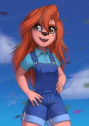  2020 absurd_res anthro canid canine canis clothed clothing cloud day disney domestic_dog female fully_clothed gabbslines goof_troop hair hand_on_hip hi_res long_hair mammal markings mole_(marking) open_mouth open_smile orange_hair outside overalls roxanne_(goof_troop) signature sky smile solo tongue 