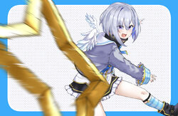  6mint :o absurdres amane_kanata amane_kanata_(1st_costume) angel asymmetrical_bangs black_skirt blue_background blue_hair bob_cut boots colored_inner_hair commentary_request female frilled_skirt frills grey_hair hair_over_one_eye halo highres hololive long_sleeves motion_blur multicolored_hair polka_dot polka_dot_background purple_eyes short_hair shuriken single_hair_intake skirt socks solo throwing virtual_youtuber weapon white_background white_wings wings 