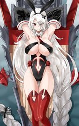  absurdly_long_hair alternate_costume animal_ears arms_behind_head azur_lane black_leotard black_sleeves braid breasts cleavage clothing_cutout collar detached_collar detached_sleeves fake_animal_ears female highleg highleg_leotard ishizu_kayu large_breasts leotard long_hair navel_cutout necktie playboy_bunny prinz_heinrich_(azur_lane) rabbit_ears red_eyes red_necktie red_thighhighs single_braid solo thighhighs very_long_hair white_collar white_hair 