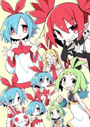  4girls asameshi ascot bare_shoulders black_choker black_gloves blonde_hair blue_hair blush_stickers bow bowtie bracelet choker closed_eyes disgaea dress earrings elbow_gloves etna_(disgaea) flonne gloves green_eyes green_hair grin hair_ribbon hand_up highres holding jewelry long_hair long_sleeves looking_at_viewer marona_(phantom_brave) message_in_a_bottle multiple_girls multiple_views neck_ribbon oerba_yun_fang open_mouth phantom_brave pleinair pointy_ears red_ascot red_bow red_bowtie red_eyes red_hair red_ribbon ribbon short_hair short_twintails simple_background skin_fang skull_earrings sleeveless sleeveless_dress smile twintails upper_body usagi-san white_dress wide_sleeves yellow_background 