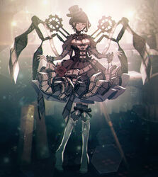  absurdres belt black_hair boots breasts brown_dress brown_eyes brown_hat character_request cleavage cross-laced_footwear dress female film_strip frills full_body gears hat highres indoors knee_boots knees_together_feet_apart large_breasts lens_flare lens_flare_abuse long_sleeves moe_(hamhamham) personification pokemon solo standing sunlight tilted_headwear 