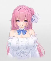  blue_bow blue_bowtie blue_ribbon blush bow bowtie braid breasts cropped_torso detached_sleeves dorothy_(nikke) dress female frilled_dress frills goddess_of_victory:_nikke grey_background grin hair_bun hair_intakes hair_ornament hair_ribbon highres large_breasts long_hair pepeo pink_hair purple_eyes ribbon simple_background smile solo upper_body white_dress 