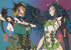  2girls :d ammunition_belt android armor armpits bare_hips belt black_choker black_hair black_wings blue_background blue_eyes blush bob_cut breastplate breasts bright_pupils choker cleavage commentary_request cowboy_shot crazy_eyes crazy_grin crop_top facial_mark fangs flat_chest flipped_hair gesugao gradient_background gradient_hair green_belt green_serafuku green_shirt grey_ribbon hair_ornament hair_ribbon hat kantai_collection katsuragi_(kancolle) katsuragi_kai_(kancolle) large_breasts long_hair looking_at_viewer maya_(kancolle) maya_kai_ni_(kancolle) mechanical_arms mechanical_ears mechanical_parts midriff mini_hat multicolored_hair multiple_girls navel neck_ribbon open_mouth outstretched_arms ponytail purple_background raised_eyebrow raised_eyebrows red_choker ribbon ringed_eyes sailor_collar sailor_hat school_uniform serafuku sharp_teeth shion_humine shirt short_hair single_mechanical_arm skin_fangs smile spread_arms staring striped striped_ribbon studded_choker swept_bangs t-pose teeth tongue translation_request turret two-tone_hair v-shaped_eyebrows valve weapon white_pupils white_ribbon wings x_hair_ornament 