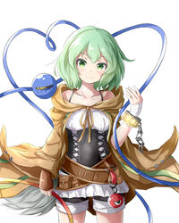  absurdres bandaged_hand bandages bare_shoulders blush breasts chains chinese_commentary cloak closed_mouth collarbone commentary_request corset cosplay cowboy_shot cuffs female feng_ling_(fenglingwulukong) green_eyes green_hair hand_up head_tilt heart heart_of_string highres komeiji_koishi looking_at_viewer lyna_(yu-gi-oh!) lyna_the_light_charmer lyna_the_light_charmer_(cosplay) medium_hair no_headwear off_shoulder pom_pom_(clothes) redrawn shackles shorts simple_background small_breasts smile solo standing stitched_eye stitches third_eye touhou unfinished white_background yu-gi-oh! 