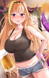  absurdres ahoge beer_mug black_tank_top blonde_hair blue_shorts blunt_bangs blush braid breasts cleavage cup dragon_girl dragon_horns dragon_tail female hand_on_own_hip highres holding holding_cup hololive horns kiryu_coco large_breasts long_hair looking_at_viewer mochiki_927 mug multicolored_hair open_mouth orange_hair pointy_ears red_eyes short_shorts shorts sidelocks single_braid streaked_hair tail tank_top virtual_youtuber 