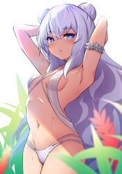  +_+ arm_garter armpits arms_behind_head arms_up azur_lane backlighting bare_shoulders bikini blue_eyes blush breasts collarbone double_bun female grey_hair hair_bun halterneck highres le_malin_(azur_lane) le_malin_(mercredi_at_the_secret_base)_(azur_lane) long_hair looking_at_viewer navel official_alternate_costume parted_lips shishikai small_breasts swimsuit symbol-shaped_pupils very_long_hair white_bikini 