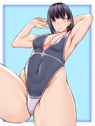  arms_behind_head black_hair blush breasts covered_navel cowboy_shot en&#039;en_no_shouboutai female flanagan1014 highleg highleg_swimsuit highres long_hair looking_at_viewer maki_oze one-piece_swimsuit purple_eyes sidelocks solo swimsuit thighs 