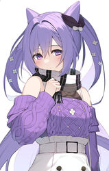  absurdres bare_shoulders belt belt_buckle black_bow blush bow braid buckle cone_hair_bun covered_mouth detached_sleeves female flower fringe_trim genshin_impact hair_bun hair_flower hair_ornament hairbow high-waist_skirt highres keqing_(genshin_impact) keqing_(lantern_rite)_(genshin_impact) long_hair long_sleeves looking_at_viewer official_alternate_costume olive_(laai) plaid plaid_scarf purple_eyes scarf scarf_over_mouth sidelocks simple_background skirt solo twintails upper_body very_long_hair white_background white_flower white_skirt 