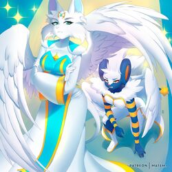  1:1 2020 anthro canid canine clothed clothing digital_media_(artwork) domestic_cat duo feathered_wings feathers felid feline felis female generation_4_pokemon hi_res hybrid kneeling luxray mammal matemi nintendo pokemon pokemon_(species) standing white_body white_feathers wings 