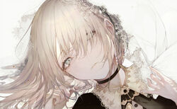  absurdres black_capelet black_choker blonde_hair blush capelet choker collared_shirt commentary english_commentary female green_eyes hair_over_one_eye hands_up highres hito_komoru long_hair looking_at_viewer original parted_lips portrait shirt simple_background solo veil white_background white_shirt 