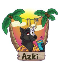  alpha_channel anthro azki_(azki_wolf) badge beverage black_body black_fur canid canine canis clothed clothing cloud cocktail_garnish cocktail_umbrella coconut drupe_(fruit) food fruit fur heterochromia hi_res male mammal name_tag open_clothing open_shirt open_topwear palm_tree plant red_eyes reptile scalie shirt snake solo sunset thorginunya topwear tree vines white_body white_fur wolf yellow_eyes 