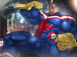  1boy abs absurdres all_might artist_name bara biceps blonde_hair blue_eyes blurry blurry_background bodysuit boku_no_hero_academia bulge clenched_hand covered_nipples feet_out_of_frame flexing gloves henry_partum highres large_bulge large_pectorals looking_at_viewer male_focus manly mature_male muscular muscular_male pectorals pose short_hair signature smile smirk solo spiked_hair spread_legs teeth thick_arms thick_eyebrows thick_thighs thighs tight_clothes veins veiny_arms 