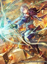  1boy arrow_(projectile) ashe_ubert boots bow_(weapon) cloud commentary_request fire fire_emblem fire_emblem:_three_houses fire_emblem_cipher freckles gloves green_eyes grey_hair male_focus official_art quiver sky solo takaya_tomohide weapon 