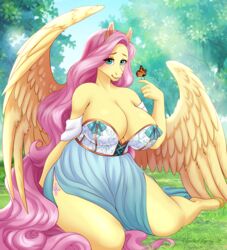  anthro anthrofied big_breasts bow_(feature) bow_bustier breasts bustier cleavage clothed clothing clothing_bow digital_media_(artwork) duo equid equine feathers female fluttershy_(mlp) friendship_is_magic hair hasbro huge_breasts mammal my_little_pony mythological_creature mythological_equine mythology outside pegasus pink_hair shaded tiggybloom twin_bows twin_clothing_bows wings yellow_body yellow_feathers 