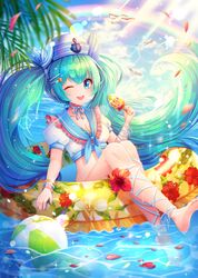  ;d absurdres afloat aqua_hair arm_ribbon bad_id bad_pixiv_id ball barefoot beachball bead_bracelet beads bikini bird blue_eyes blue_ribbon blue_sailor_collar blush bracelet breasts choker cloud female food frilled_sailor_collar frills hair_ribbon hat hatsune_miku hayun highres holding holding_food innertube jewelry leg_ribbon long_hair looking_at_viewer ocean one_eye_closed open_mouth popsicle rainbow ribbon ribbon_choker sailor_bikini sailor_collar sailor_hat seagull small_breasts smile solo swim_ring swimsuit teeth twintails two-tone_ribbon upper_teeth_only very_long_hair vocaloid white_bikini white_ribbon wristband 