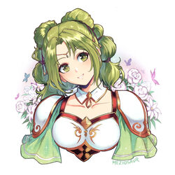  armor artist_name bug butterfly detached_collar english_commentary female fire_emblem fire_emblem:_the_sacred_stones flower green_eyes green_hair jewelry l&#039;arachel_(fire_emblem) meziosaur open_mouth pauldrons shoulder_armor simple_background smile solo upper_body white_background white_flower 