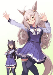  2girls ahoge animal_ears bandaid bandaid_on_face bandaid_on_nose biwa_hayahide_(umamusume) black_hair black_legwear blush closed_eyes closed_mouth crossed_arms feet_out_of_frame glasses gradient_background highres horse_ears horse_girl horse_tail long_hair long_sleeves mofu_namako motion_lines multiple_girls narita_brian_(umamusume) pleated_skirt purple_skirt red-framed_eyewear school_uniform semi-rimless_eyewear siblings sisters skirt tail thighhighs tracen_school_uniform umamusume wavy_hair white_hair yellow_eyes 