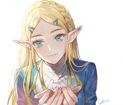  aqua_eyes blonde_hair blush braid closed_mouth commentary crown_braid cupping_hands english_commentary female fingernails forehead hair_ornament hairclip lino_chang long_hair looking_at_viewer mixed-language_commentary own_hands_together parted_bangs pointy_ears portrait princess_zelda signature simple_background smile solo the_legend_of_zelda the_legend_of_zelda:_breath_of_the_wild thick_eyebrows white_background 