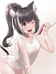  animal_ear_fluff animal_ears bad_id bad_twitter_id bare_arms bare_legs bare_shoulders black_hair blush breasts cat_ears cat_girl cat_tail cat_teaser cleavage collarbone female gradient_background green_eyes highres holding karyl_(princess_connect!) multicolored_hair oerba_yun_fang one-piece_swimsuit one_eye_closed open_mouth paw_pose ponytail princess_connect! school_swimsuit solo streaked_hair suou-sensei swimsuit tail white_hair white_one-piece_swimsuit 