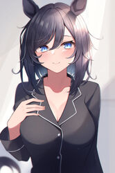  animal_ears bad_id bad_pixiv_id black_hair black_pajamas blue_eyes blush bob_cut breasts buttons cleavage closed_mouth collarbone eishin_flash_(umamusume) female hair_between_eyes hand_on_own_chest highres horse_ears horse_girl large_breasts long_sleeves looking_at_viewer pajamas rei_(rei_9146) short_hair smile solo swept_bangs umamusume upper_body 