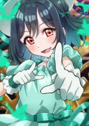  absurdres birthday blush commentary dark_green_hair dress emotion_(love_live!) female gloves green_dress hair_ribbon hat highres jewelry kyaku_tasu looking_at_viewer love_live! love_live!_nijigasaki_high_school_idol_club medium_hair mifune_shioriko necklace pointing pointing_at_viewer red_eyes ribbon signature smile upper_body white_gloves 