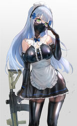  alternate_costume assault_rifle black_thighhighs blue_bow blue_bowtie blue_hair blunt_bangs bow bowtie breasts cleavage elbow_gloves enmaided female garter_straps girls&#039;_frontline glasses gloves gradient_background green_eyes gun h&amp;k_hk416 hair_ornament hand_up heckler_&amp;_koch himonoata hk416_(girls&#039;_frontline) holding holding_gun holding_weapon long_hair looking_at_viewer maid maid_headdress mask medium_breasts mouth_mask rifle shiny_clothes solo standing thighhighs weapon 