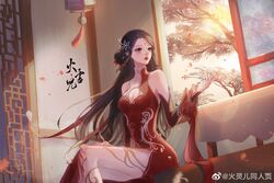  brown_hair chair dress facial_mark female forehead_mark highres huo_linger_(wanmei_shijie) huo_linger_tongren_she indoors legs long_hair looking_to_the_side red_dress sitting solo tree wanmei_shijie window 