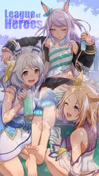  3girls adapted_costume animal_ears aqua_bow bare_shoulders barefoot blonde_hair bow breasts brown_eyes collarbone dated ear_covers ear_ornament english_text flat_chest grey_hair highres hishi_miracle_(umamusume) horse_ears horse_girl large_breasts light_purple_hair long_hair medium_breasts mejiro_mcqueen_(umamusume) multiple_girls narita_top_road_(umamusume) one_eye_closed open_mouth purple_eyes purple_hair shinmai_(kyata) short_hair smile twitter_username umamusume yellow_eyes 