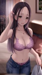  absurdres bed bedroom blue_pants blurry blurry_background bra breasts brown_eyes cleavage collarbone commission denim earrings female highres holding holding_clothes holding_shirt inaka_44 indoors jeans jewelry large_breasts lingerie long_hair looking_at_viewer navel necklace open_fly open_mouth original panties pants parted_hair partially_unzipped pixiv_commission purple_bra purple_hair purple_panties shirt sidelocks solo underwear unworn_shirt variant_set white_shirt 