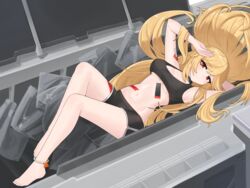  absurdres anklet awakening_(neural_cloud) bag barefoot black_shorts black_sports_bra blonde_hair breasts cleavage closed_mouth commission dated_commentary dolphin_shorts female full_body girls&#039;_frontline girls&#039;_frontline_neural_cloud highres in_container jewelry large_breasts legs long_hair looking_at_viewer lying m2hb_(girls&#039;_frontline) midriff nabiyan navel on_back plastic_bag red_eyes shorts smile solo sports_bra underboob very_long_hair 