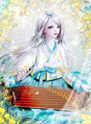  aqua_bow aqua_eyes bow bug butterfly dabong female floral_print flower gayageum_(instrument) hanbok highres instrument korean_clothes korean_commentary leaf lens_flare long_hair long_sleeves music original petals playing_instrument solo sparkle swept_bangs trumpet_creeper twintails watermark white_butterfly yellow_flower zither 