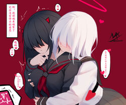  ! 2girls angel_girl_(shimmer) artist_logo black-haired_demon_girl_(shimmer) black_hair black_sailor_collar black_serafuku black_shirt black_skirt blush breasts demon_girl demon_horns demon_tail grabbing grabbing_from_behind grey_sailor_collar grey_skirt hair_between_eyes hair_over_eyes halo heart highres horns hug hug_from_behind long_sleeves looking_at_viewer medium_breasts multiple_girls neckerchief nose_blush original pleated_skirt purple_background red_background red_neckerchief sailor_collar school_uniform serafuku shimmer shirt signature simple_background skirt tail translated white_hair white_shirt yuri 