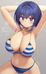  armpits arms_behind_head arms_up bad_id bad_twitter_id bare_arms bare_shoulders beetle bikini blue_bikini blue_eyes blue_hair blush bob_cut breasts bug cleavage closed_mouth collarbone cowboy_shot dolphin_wave female flying_sweatdrops frown grey_background hair_between_eyes halterneck heavy_breathing highres large_breasts looking_at_viewer mismatched_bikini motion_lines mukuba navel rhinoceros_beetle short_hair simple_background solo sparkle standing steaming_body stomach striped_bikini striped_clothes sweat swimsuit tojou_michiru v-shaped_eyebrows 