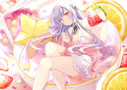  black_choker black_ribbon black_tea breasts choker cleavage commentary cup dress female food fruit hair_ribbon hoshino_koucha legs lemon lemon_slice light_purple_hair long_hair looking_at_viewer medium_breasts original petals pink_dress pink_eyes ribbon ribbon_choker solo star_(symbol) strawberry tea teacup 