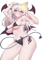  &gt;:( animal_ears annytf arms_up bare_arms bare_shoulders bikini black_bikini breasts cat_ears commentary cowboy_shot demon_tail demon_wings female hair_between_eyes head_wings highres himeliofon indie_virtual_youtuber large_breasts looking_at_viewer navel purple_eyes solo standing stomach swimsuit tail thighs v-shaped_eyebrows virtual_youtuber white_hair wings 