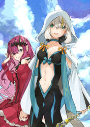  2girls baobhan_sith_(fate) baobhan_sith_(first_ascension)_(fate) blonde_hair blue_choker blue_eyes blush breasts cape choker clothing_cutout commentary_request cosplay dress fate/grand_order fate_(series) gray_(fate) grey_hair hair_ornament highres holding_hands hood hooded_cape looking_at_viewer medium_breasts morgan_le_fay_(fate) morgan_le_fay_(fate)_(cosplay) multicolored_hair multiple_girls nail_polish navel navel_cutout nemugiko pointy_ears purple_eyes purple_hair red_dress red_nails short_hair smile white_cape white_hood 