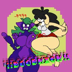  1:1 anthro black_hair breasts canid canine canis clothed clothing digital_media_(artwork) domestic_cat domestic_dog duo english_text felid feline felis female fur green_hair hair hi_res lot_par mammal midair nude pixel_(artwork) purple_body purple_fur simple_background surprise tan_body tan_fur text yellow_background 