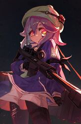  black_gloves chroneco_(vtuber) english_commentary female gloves glowing glowing_eyes green_hat gun hat highres holding holding_gun holding_weapon indie_virtual_youtuber jin_grey_paladin looking_down pantyhose purple_hair red_eyes scope shorts smile solo tentacle tentacle_hair virtual_youtuber weapon white_shorts 