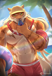  1boy abs absurdres animal_ears bara beach bulge commentary_request cowboy_shot furry furry_male highres inkudoragoon large_pectorals lifeguard long_hair looking_at_viewer male_focus male_swimwear muscular muscular_male navel no_nipples official_alternate_costume orange_fur outdoors pang_(sdorica) pectorals red_male_swimwear sand sdorica solo stomach sunlight swim_trunks thick_eyebrows tiger_boy tiger_ears topless_male tree two-tone_fur water whistle whistle_around_neck 