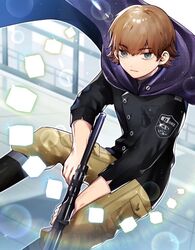  1boy black_eyes black_footwear black_jacket boots brown_hair brown_pants closed_mouth cube ema_yuzuru feet_out_of_frame gun holding holding_gun holding_weapon jacket kageura_squad&#039;s_uniform long_sleeves looking_at_viewer male_focus pants pants_tucked_in pbn_(user_cdey3224) rifle short_hair sparkle standing weapon world_trigger 