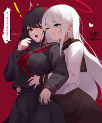  ! 2girls ;) angel_girl_(shimmer) black-haired_demon_girl_(shimmer) black_hair black_nails black_sailor_collar black_serafuku black_shirt black_skirt commentary_request demon_horns hair_between_eyes halo heart highres horns hug hug_from_behind multiple_girls nail_polish one_eye_closed open_mouth original pleated_skirt purple_background red_eyes red_nails sailor_collar school_uniform serafuku shimmer shirt signature skirt smile translated white_hair white_shirt yuri 