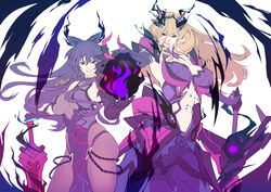  2girls abs absurdres armor ass aura barghest_(fate) barghest_(fate)_(cosplay) blonde_hair bodysuit bow breasts cosplay costume_switch covered_navel dark_aura date_a_live dress fate/grand_order fate_(series) green_eyes hair_ornament hairbow heterochromia highres huge_breasts inoue_marina john48625555mkii long_dress multiple_girls muscular muscular_female orb outstretched_hand purple_hair red_eyes simple_background sword thighs voice_actor_connection weapon white_background wide_hips yatogami_tenka yatogami_tenka_(cosplay) yatogami_tooka 