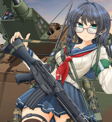  armband assault_rifle black_hair black_thighhighs blue_sailor_collar blue_skirt braid closed_mouth female glasses green_eyes gun hair_tie highres howa_type_89 japan_self-defense_force long_sleeves looking_at_viewer magazine_(weapon) mikeran_(mikelan) military military_vehicle miniskirt motor_vehicle neckerchief original outdoors pleated_skirt pouch radio_antenna red-framed_eyewear red_neckerchief rifle sailor_collar school_uniform serafuku serious shirt side_braid skirt solo tank thigh_pouch thighhighs type_89_ifv v-shaped_eyebrows walkie-talkie weapon white_shirt 