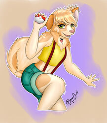  2021 anthro canid canine canis clothed clothing cosplay crossover digital_media_(artwork) domestic_dog female fluffy fluffy_tail fur green_eyes gym_leader hair hi_res holding_object holding_pokeball jennibutt kasumi_(pokemon) looking_at_viewer mammal nintendo open_mouth pokeball pokemon pokemon_trainer pomeranian rika_(rika) simple_background smile solo spitz standard_pokeball tail teeth tongue topwear 