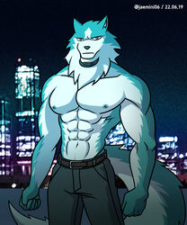  5:6 abs absurd_res alkan anthro big_pecs black_bottomwear black_clothing black_pants bottomwear brand_new_animal canid canine canis clothed clothing hi_res male mammal muscular muscular_anthro muscular_male navel nipples pants pants_only pecs shirou_ogami solo studio_trigger suit_pants topless topless_anthro topless_male wolf 