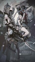  1other 2b_(nier:automata) 2boys 6+girls a2_(nier:automata) absurdres bandaged_arm bandaged_leg bandages black_dress blonde_hair blue_dress blunt_bangs breasts character_request cleavage_cutout clothing_cutout devola dress elbow_gloves emil_(nier) fio_(nier) gloves grey_hair hair_rings highres holding holding_sword holding_weapon kaine_(nier) long_hair looking_down looking_up mama_(nier) medium_breasts mole mole_under_mouth multiple_boys multiple_girls nier:automata nier_(brother) nier_(series) nier_reincarnation popola red_hair sonech sword weapon 