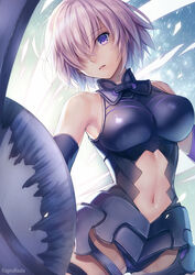  armor armored_leotard artist_name ass_visible_through_thighs backlighting bare_shoulders black_armor black_leotard breasts clothing_cutout commentary_request cowboy_shot elbow_gloves fate/grand_order fate_(series) faulds female gloves glowing groin_tendon hagino_kouta hair_over_one_eye halterneck highres impossible_clothes impossible_leotard legs_apart leotard light_purple_hair looking_at_viewer lord_camelot_(fate) mash_kyrielight medium_breasts navel navel_cutout parted_lips partial_commentary photoshop_(medium) purple_eyes revision shield short_hair skin_tight solo standing straight_hair thigh_strap thighs turtleneck 