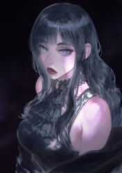  bad_id bad_pixiv_id bare_shoulders black_dress black_hair blue_eyes clothing_cutout dress female final_fantasy final_fantasy_xiv frischenq gaia_(ff14) goth_fashion halter_dress halterneck hyur lips long_hair looking_at_viewer red_lips shoulder_cutout simple_background solo upper_body 